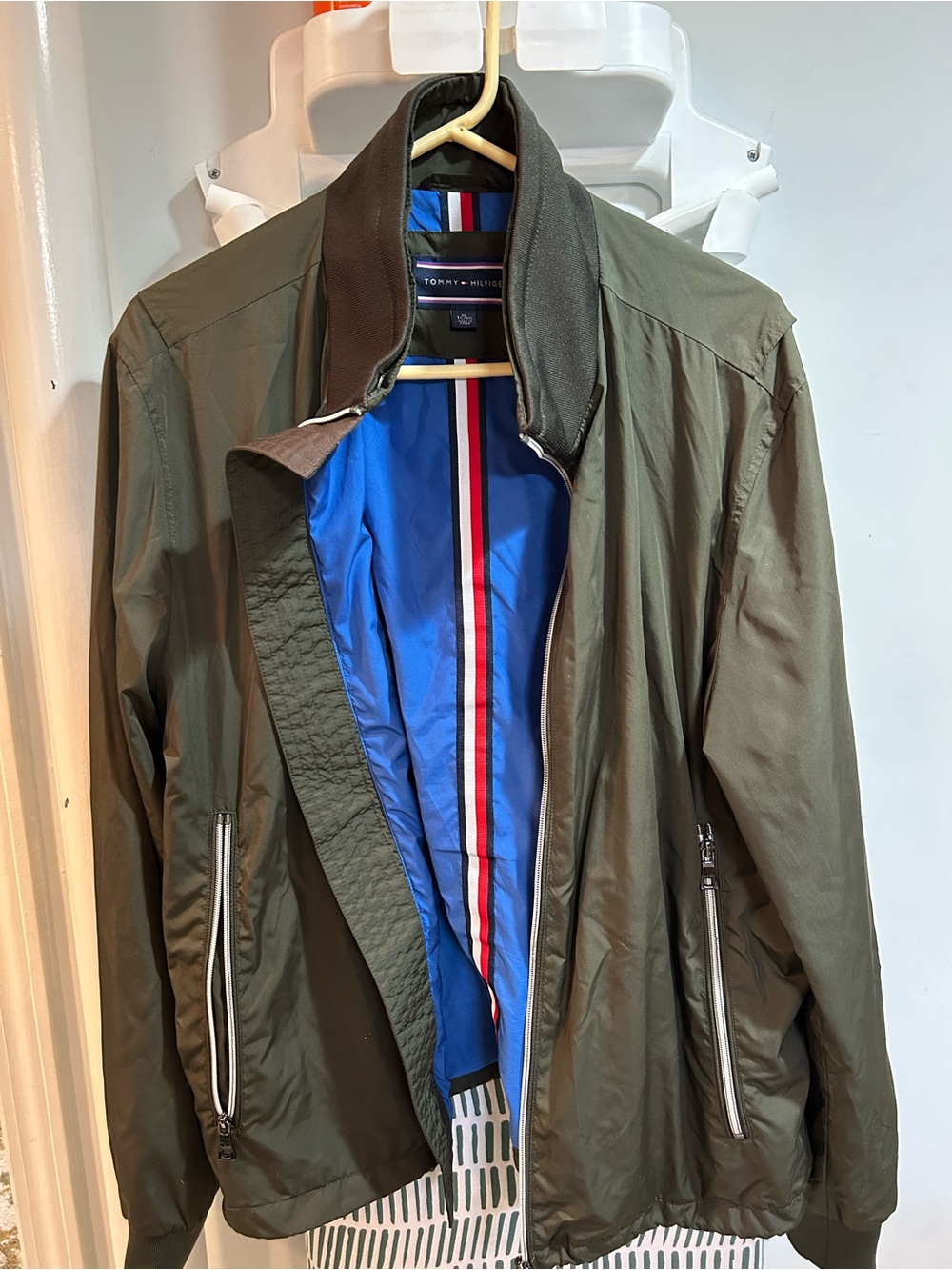Tommy Hilfiger Olive Bomber Jacket with Blue Lining and Stripe Detail